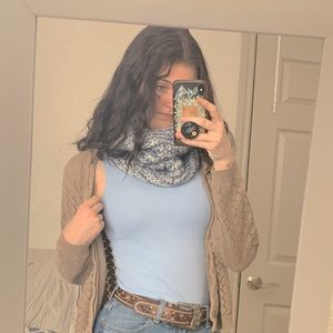 Blue and white knitted infinity scarf